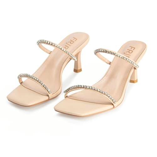 FRJR Women's Sparkly Rhinestone Kitten Heel Sandals with Stiletto Strap for Party Prom Wedding