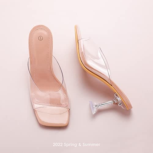 mysoft Women's Clear Stiletto Heeled Sandals Square Toe Open Toe Slip On