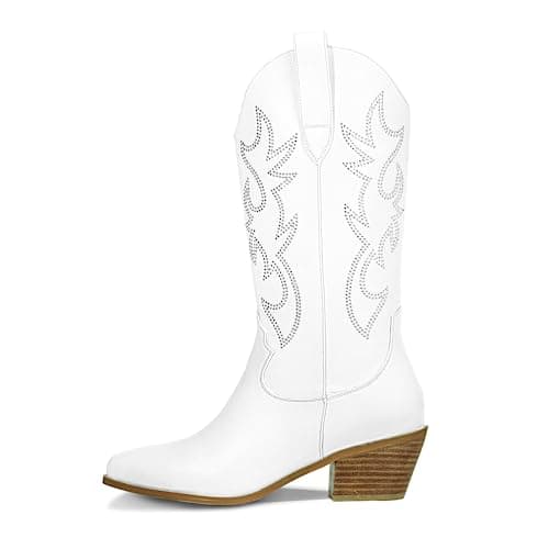 Ouepiano Women's Western Embroidered Booties, Mid Calf Pointed Toe Chunky Heel Pull-On Boots — White Rhinestone
