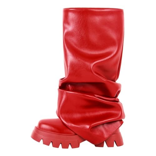 Sexytag Women's Metallic Slouchy Foldover Platform Round Toe Boots — Red