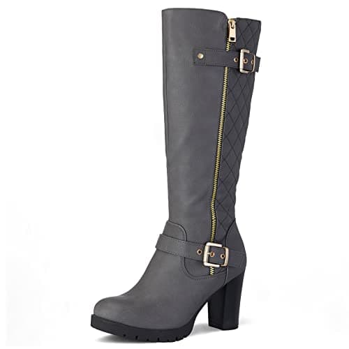 mysoft Women's Knee High Warm Winter Boots with Side Zippers — Grey Pu