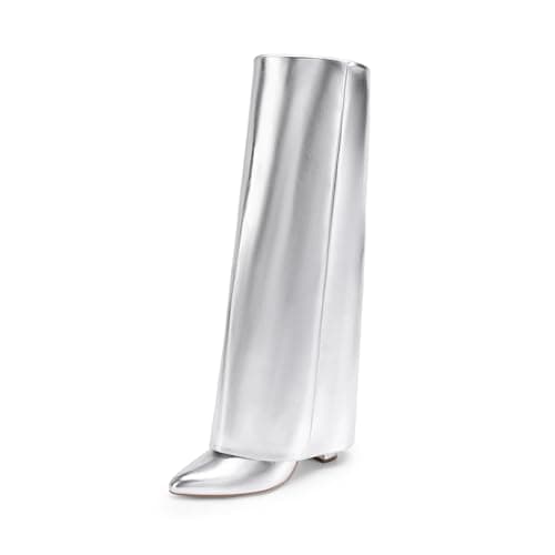 Dream Pairs Women's Knee High Zipper Pointed Toe Chunky Heel Long Boots — Metallic Silver