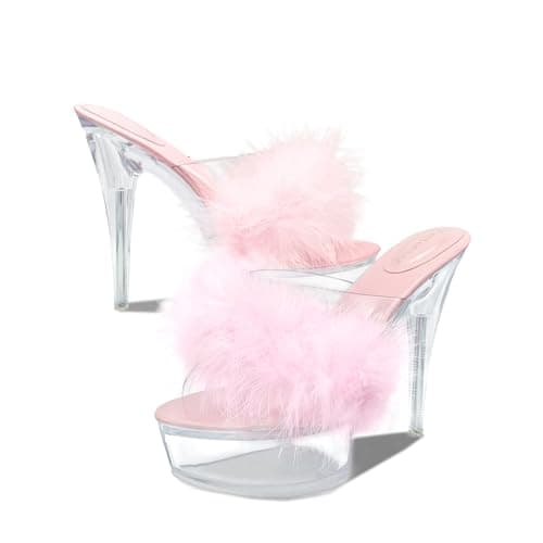 FantoSay Women's Clear Stiletto Heels Open Toe Platform Fluff Sandals