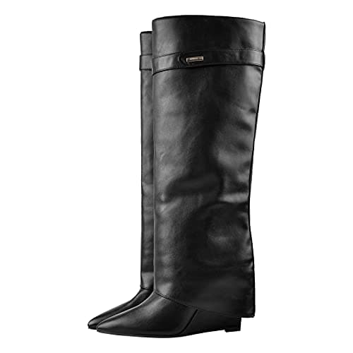 Richealnana Women's Fold Over High Heel Knee High Boots
