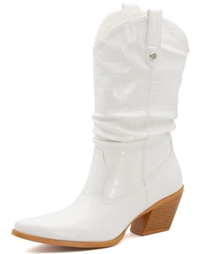MISSMILLER Women's Embroidered Square Toe Cowboy Cowgirl Boots Western Mid Calf Heel — Crocodile White