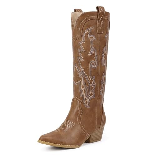 IDIFU IN2 Women's Embroidered Cowgirl Knee-High Western Boots — Brown