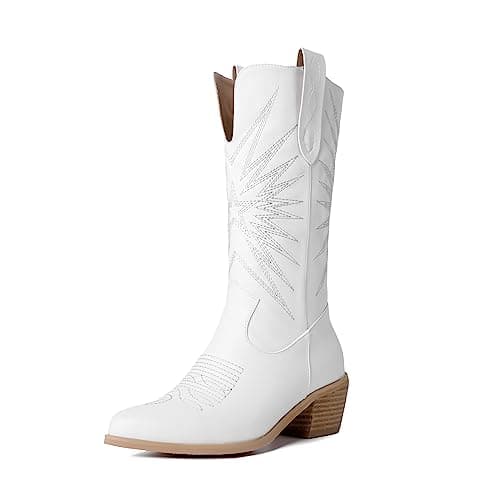 Metallic Embroidered Cowboy Boots for Women | Mid Calf Heel Pull-On — White
