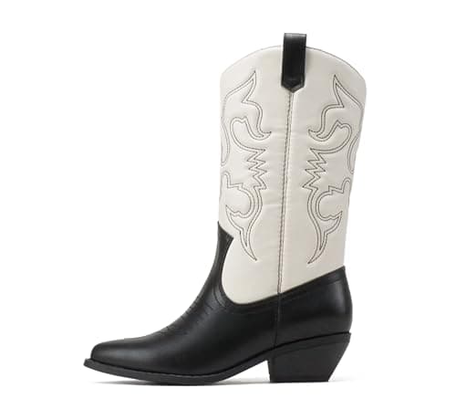 All-White Soda Red Knee High Cowboy Boots with Pull-On Tabs — Black White Combo Pu