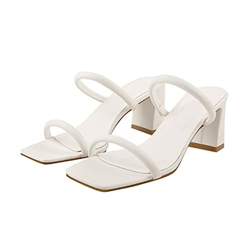Richealnana Women's Square Toe Chunky Heels Mule Slides