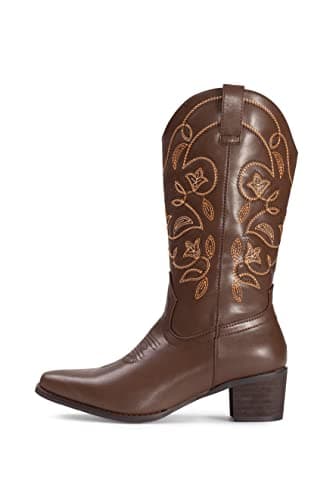 IUV Women's Pointy Toe Western Boots Mid Calf Cowgirl Boots — Brown