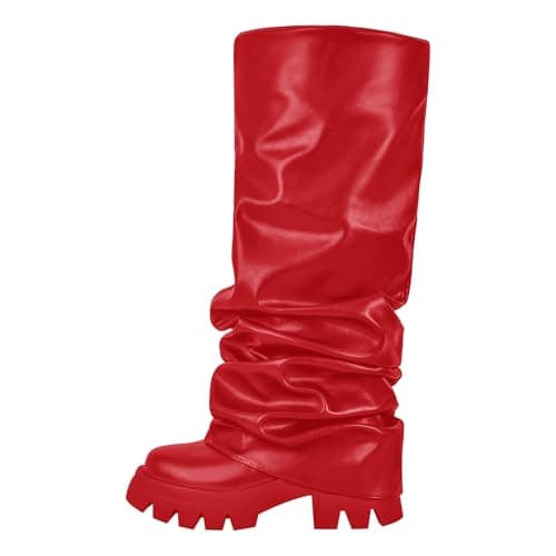 Richealnini Women's Metallic Knee High Pull-On Slouch Heels — Red