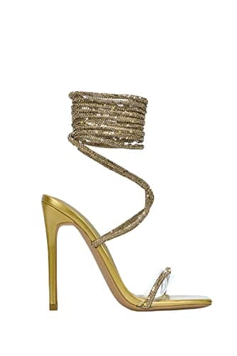 Women's Rhinestone Lace-Ups High Heel Sandals by Cape Robbin — Gold Rhinestone