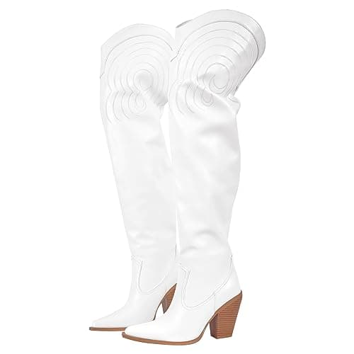 Richealnana Women's Chunky Heel Knee High Cowboy Boots — White