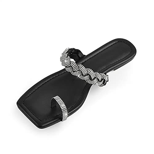 Richealnana Women's Rhinestone Toe Ring Flat Sandals — Black