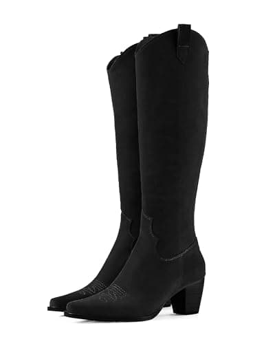 Rilista Women's Cowboy Knee High Tall Riding Boots with Chunky Heel — Suede Black