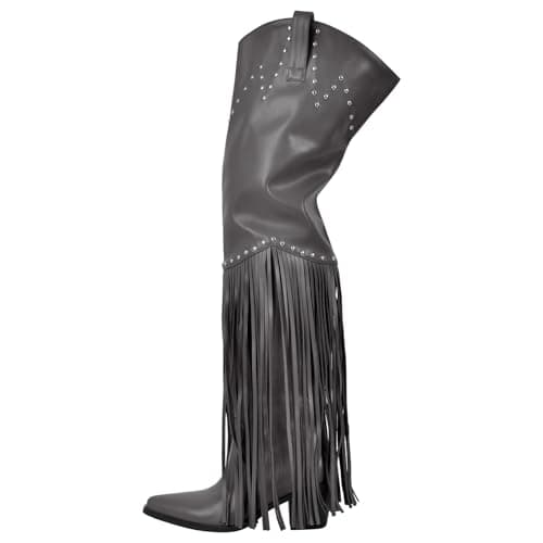 Richealnini Fringe Thigh High Zip-Up Western Boots — Black Grey