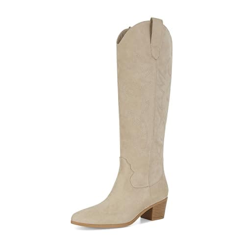 Stalov Western PointedToe Chunky Heel Knee High Cowgirl Boots — 2-beige