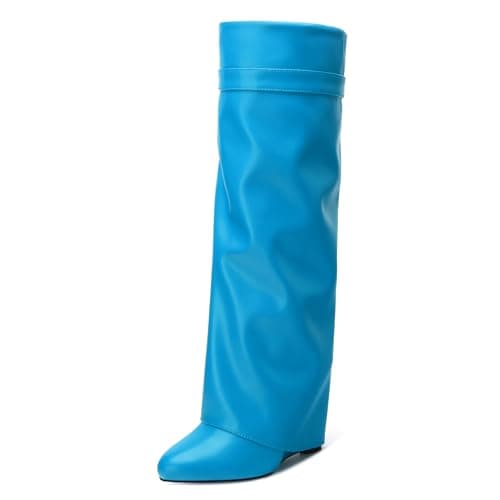 DEMOSHINE Women's Knee High Zipper Fold Over Wedge Heel Boots — Lake Blue