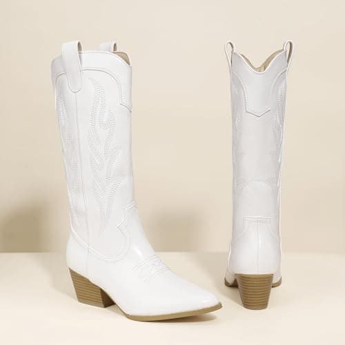 IDIFU IN2 Mid Calf Cowboy Boots for Womenchunky Low Heel Western Embroidery
