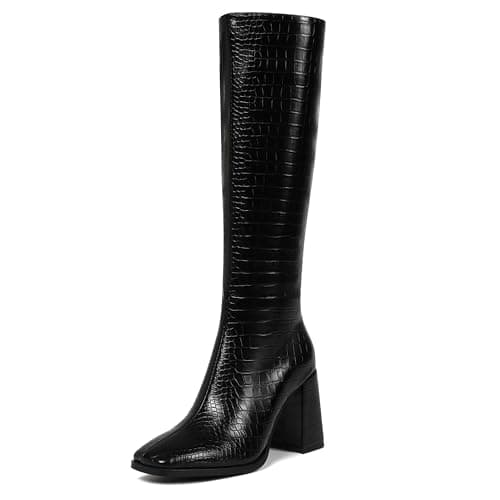 Wetviro Chunky Heel Knee High Boots for Women — Black Crocodile