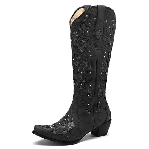 KiutSymo Sparkly Vintage Embroidered Cowgirl Boots Mid Calf Heel Wedding Western — Black