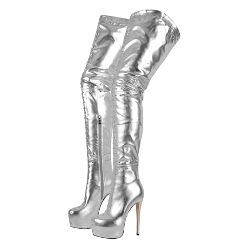 Richealnana Women's Platform Over The Knee Stiletto Boots — Silver