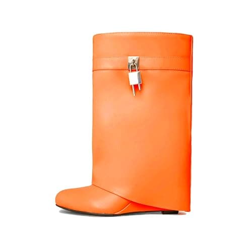Black Heeled PadLock Pant Knee High Boots - Fold Over Wedge Booties — Short Orange