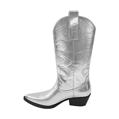 Women's Pointed Toe Embroidered Cowboy Boots — Silver