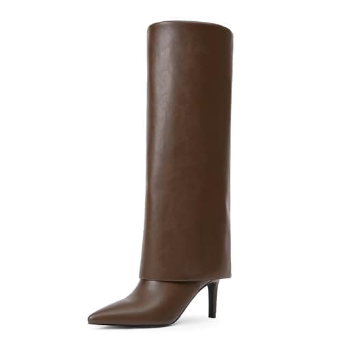 VIUGJNEX Women's Pointed Toe Stiletto Heel Zipper Knee High Boots — Brown Pu