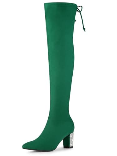 Allegra K Women's Chunky Heels Over the Knee Rhinestone Boots — Green