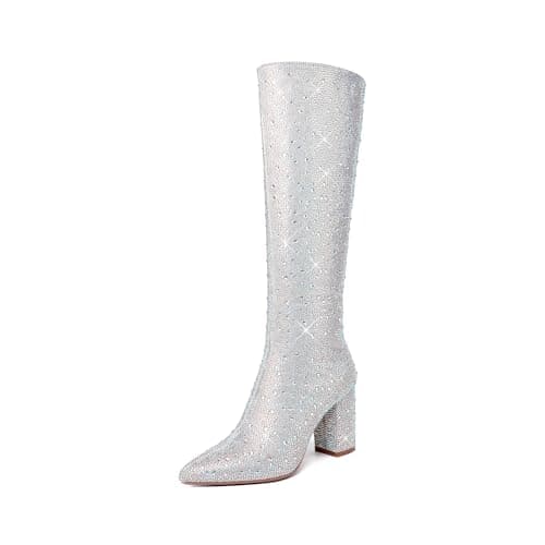 Sparkly Rhinestone Knee High Boots for Women — Silver(knee High-chunky)
