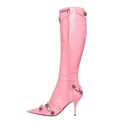 Women's Black Knee High Stiletto Boot TrendsPwd Toe Zippered Heel — Pink