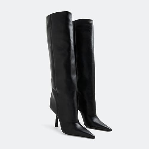 Vertundy Women's Pointed Toe Stiletto Heel Knee High Fold Over Boot