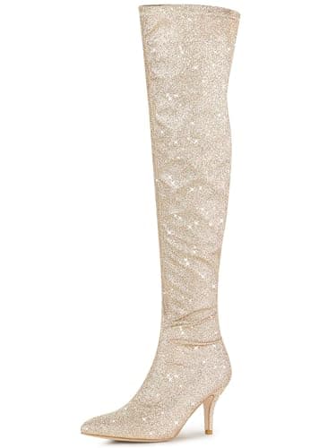 Allegra K Women's Glitter Knee High Stiletto Heel Boot — Gold