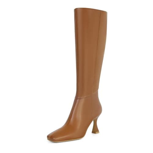 Devht Black Leather Knee High Stiletto Boots for WomenSexy Square Toe & Zipper DesignFashion — Brown