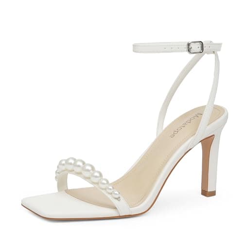 Modatope Women's Square Toe Strappy Ankle Strap Heels for Party & Daily Wear — White Pearls