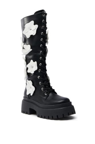 Richealnana Women's Floral Knee High Lace-Up Boots with Zipper Heel