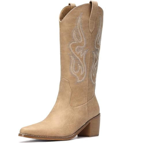 Pasuot Western Mid Calf Boots for Women with Embroidery — Tan