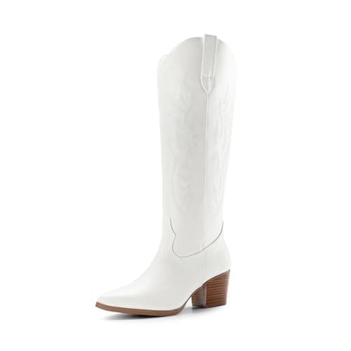 Dream Pairs Western Cowboy Boots for Women - Comfortable Knee High Zipper Heels — White
