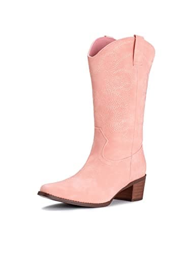 IUV Women's Pointy Toe Western Boots Mid Calf Cowgirl Boots — Pink