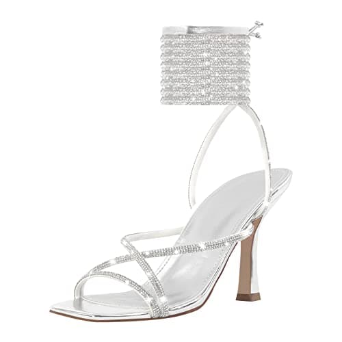 Women's Clear Block Heel Lace Up Rhinestones Sandals — Silver-b