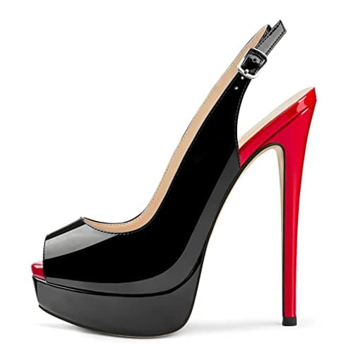MERUMOTE Women's 6 Inch Stiletto Heels Peep Toe Pumps for Dress & Wedding Party — Slingback Black With Red Heel