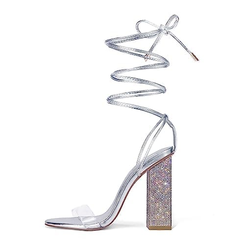Genshuo Women's Strappy Rhinestone Chunky Heel Open Toe Party Wedding Shoes