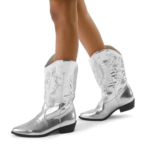 Mysoft Women's Cowboy Boots Embroidered Mid-Calf Pointed Toe