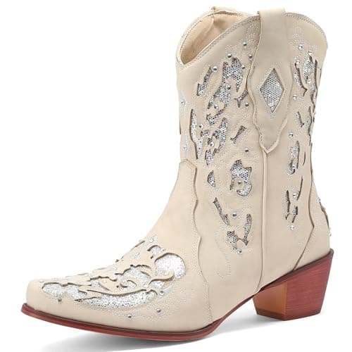 KiutSymo Sparkly Vintage Embroidered Cowgirl Boots Mid Calf Heel Wedding Western — Beige1