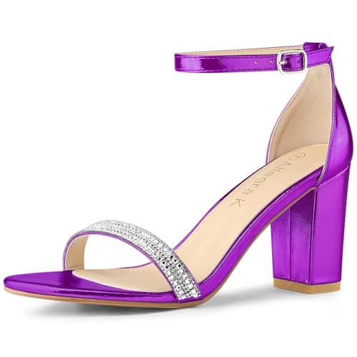 Allegra K Women's Rhinestone Ankle Strap Chunky Heels — Purple