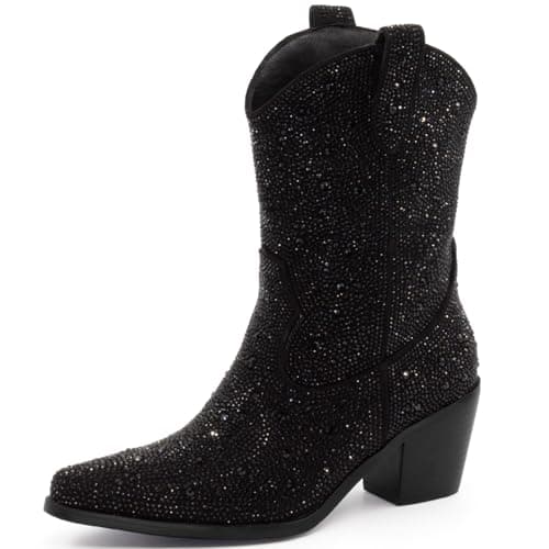 MISSMILLER Women's Sparkly Rhinestone Mid Calf Boots with Pull-OnTabs