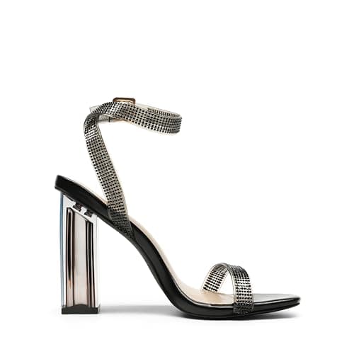Women's Chunky Clear Rhinestone Strap Heels