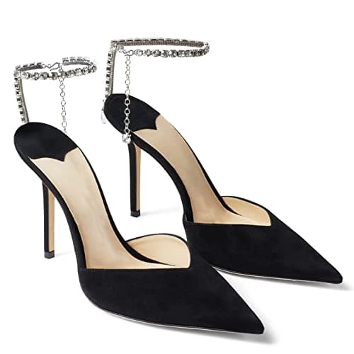 LauraVicci Women's Crystal Chain Heeled Sandals with Rhinestones Buckle Satin Shoes — Black Suede