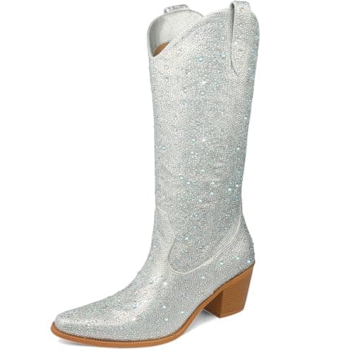 MissMiller Women's Sparkly Rhinestone Mid-Calf Cowboy Boots with Pull-On Tabs — Silver